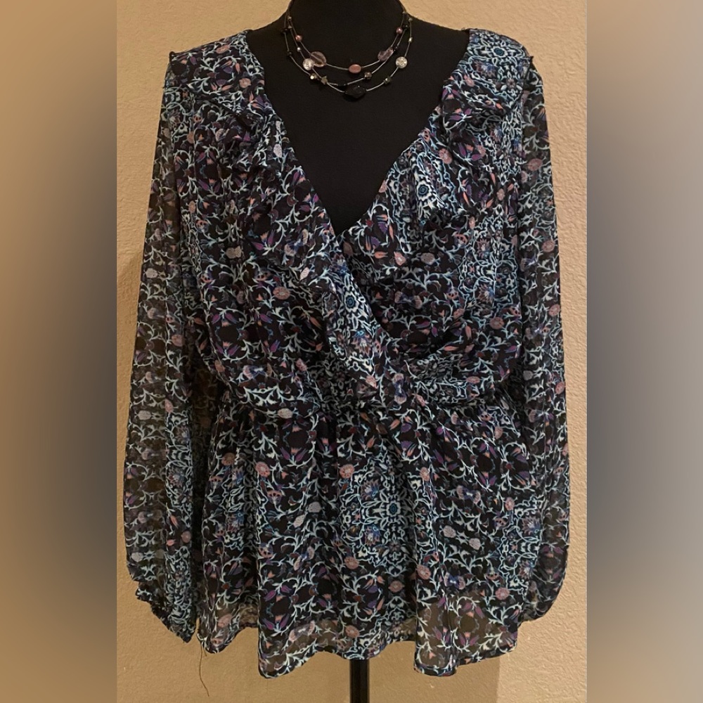 Floral Chiffon Blouse - Blue and Purple